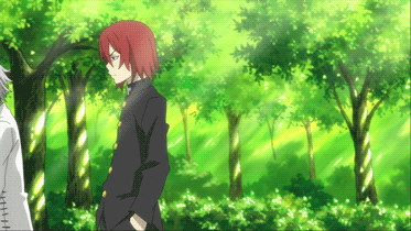 a flashback scene of young spirit albarn and franken stein from soul eater; the two are in a forest. spirit is saying something to young stein who walks past him with his head down.
