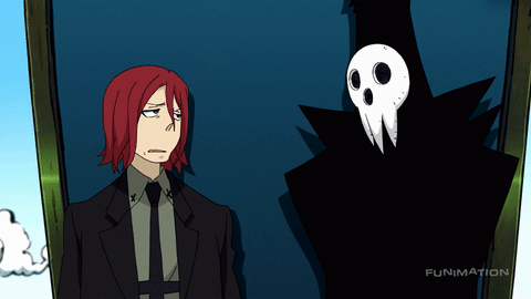 gif of spirit albarn and death from soul eater. the two stand before death's mirror; death leans in and spirit dejectedly turns to the camera